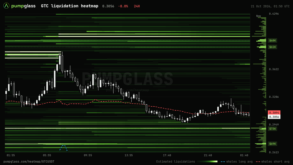 GTC liquidation heatmap, liquidation map and liquidity heatmap, 24h