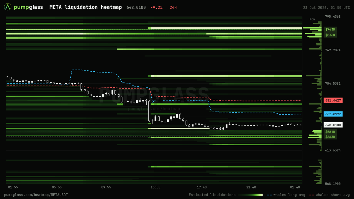 META liquidation heatmap, liquidation map and liquidity heatmap, 24h
