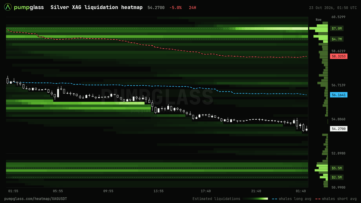 Silver XAG liquidation heatmap, liquidation map and liquidity heatmap, 24h